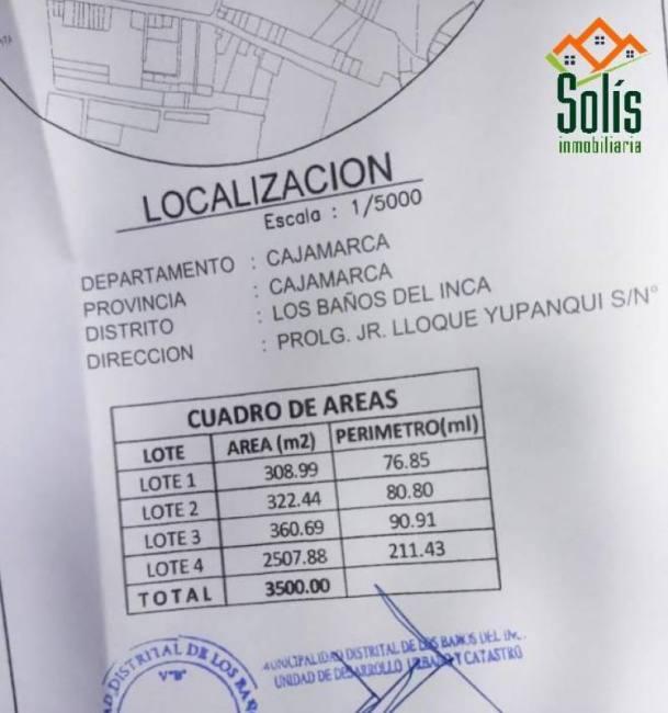 SOLIS VENDE TERRENO DE 309m². CON AGUA TERMAL EN LOS BAÑOS DEL INCA