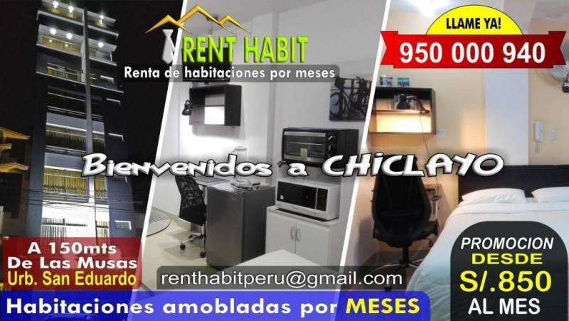 Alquiler de habitaciones amobladas en Chiclayo Desde s/850 el mes. Telf 950000940 Muy buena ubicación Cerca a Las Musas